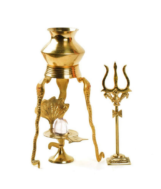 ShivaRatna Brass Jalhari Yoni Set with Sphatik Shivling and Trishul Decorative Showpiece (25cm, Gold) - ShivaRatna