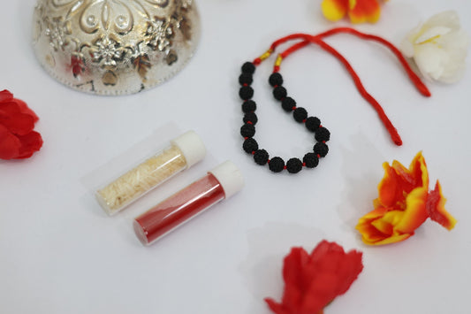 rudraksha rakhi with tilak rice set