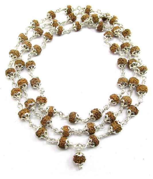 ShivaRatna 5 Mukhi Rudraksha Mala Pure Silver 54+1 Beads Lab Certified (Matured Beads & Strong Design) - ShivaRatna