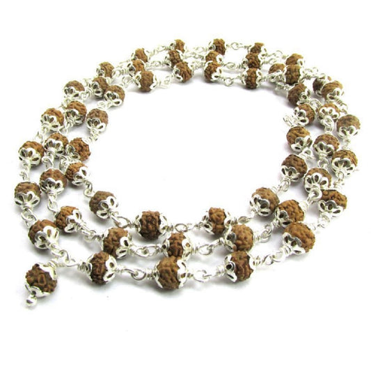 ShivaRatna 5 Mukhi Rudraksha Mala Pure Silver 54+1 Beads Lab Certified (Matured Beads & Strong Design) - ShivaRatna