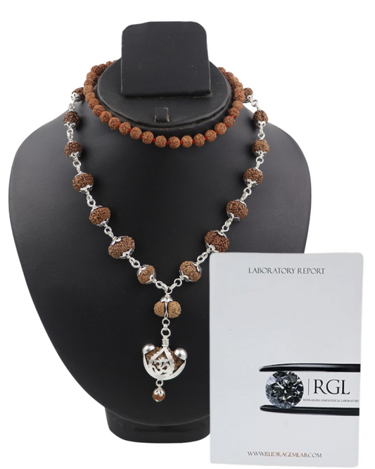 ShivaRatna Siddha Rudraksha Mala 1-14 Mukhi (Silver Capped)+ 5 Mukhi Rudraksha Mala - Lab Certified