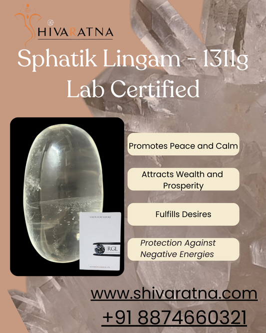 ShivaRatna Sphatik Lingam - 1311g, Lab-Certified, 80mm Height, 97% Stone Clarity