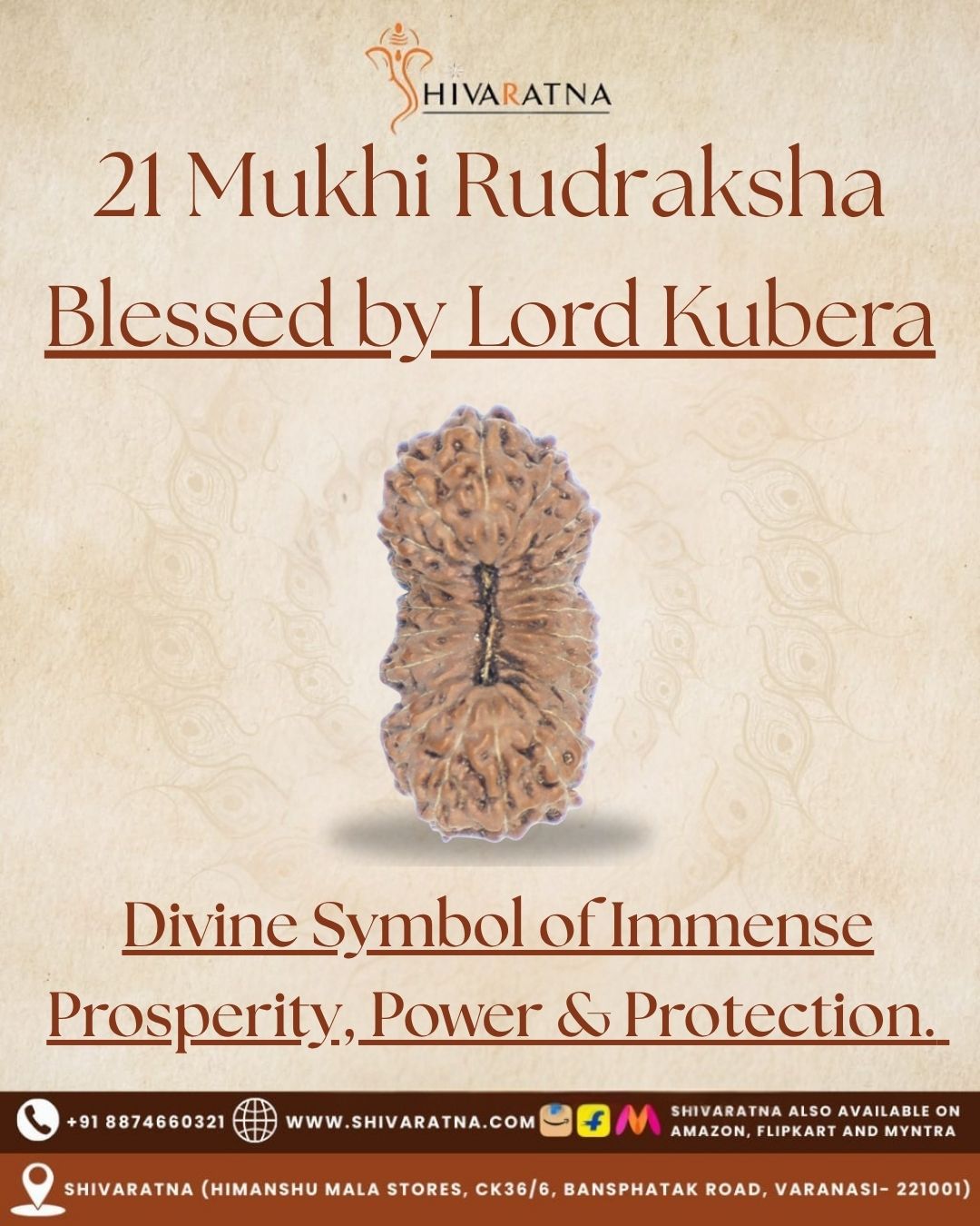 ShivaRatna 21 Mukhi Rudraksha – Lab-Certified (Indonesian), Well-Formed, Mature Bead with X-Ray Verification Report