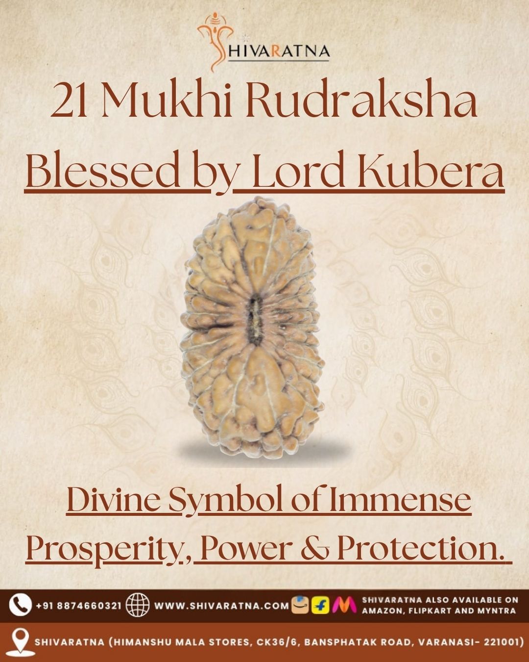 ShivaRatna 21 Mukhi Rudraksha – Certified Indonesian Bead, Well-Formed & Mature, with X-Ray Report