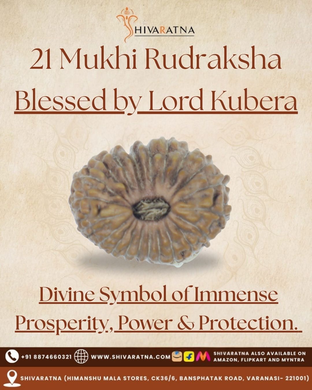 ShivaRatna 21 Mukhi Rudraksha – Indonesian Origin, Certified, Well-Shaped & Mature Bead with X-Ray Authentication