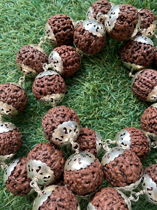 ShivaRatna Rudraksha Kantha Mala with German Silver Capping (26+1  indonesian Beads)