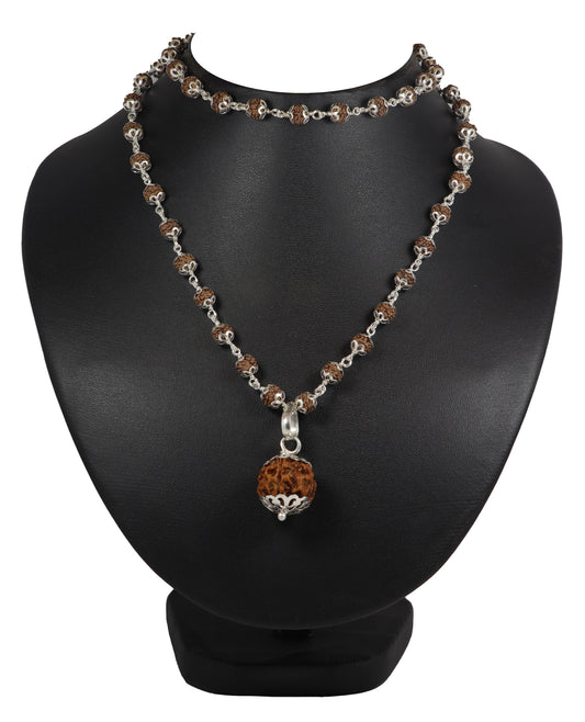 ShivaRatna 4 Mukhi Nepali Rudraksha Guru Mani + Five Mukhi Rudraksha (54 Beads) Made in Pure Silver - ShivaRatna