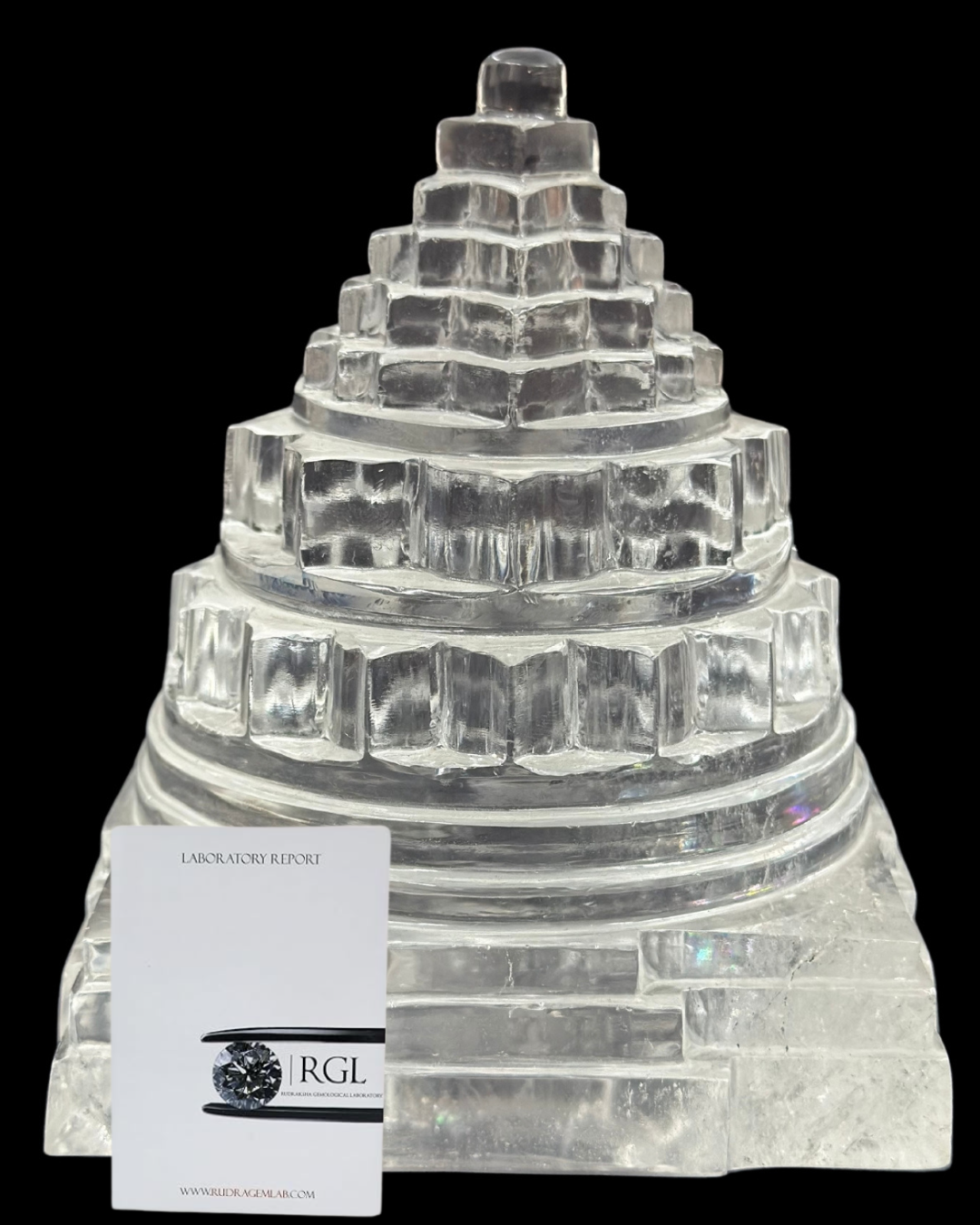 ShivaRatna Sphatik Shree Yantra - 1395g, Lab-Certified, 110mm Height, 85% Stone Clarity