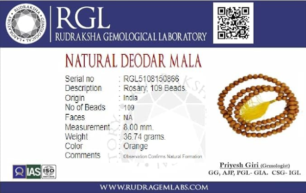 ShivaRatna Original Devadaru Malai / देवदार माला / Cedar Rosary 8mm Size 108+1 with Certificate