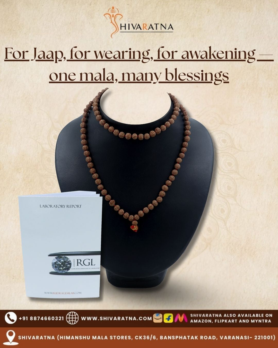 ShivaRatna Semi Chikna/Pathri Rudraksha Mala - Lab Certified 108+1 (for Jaap & Wearing)