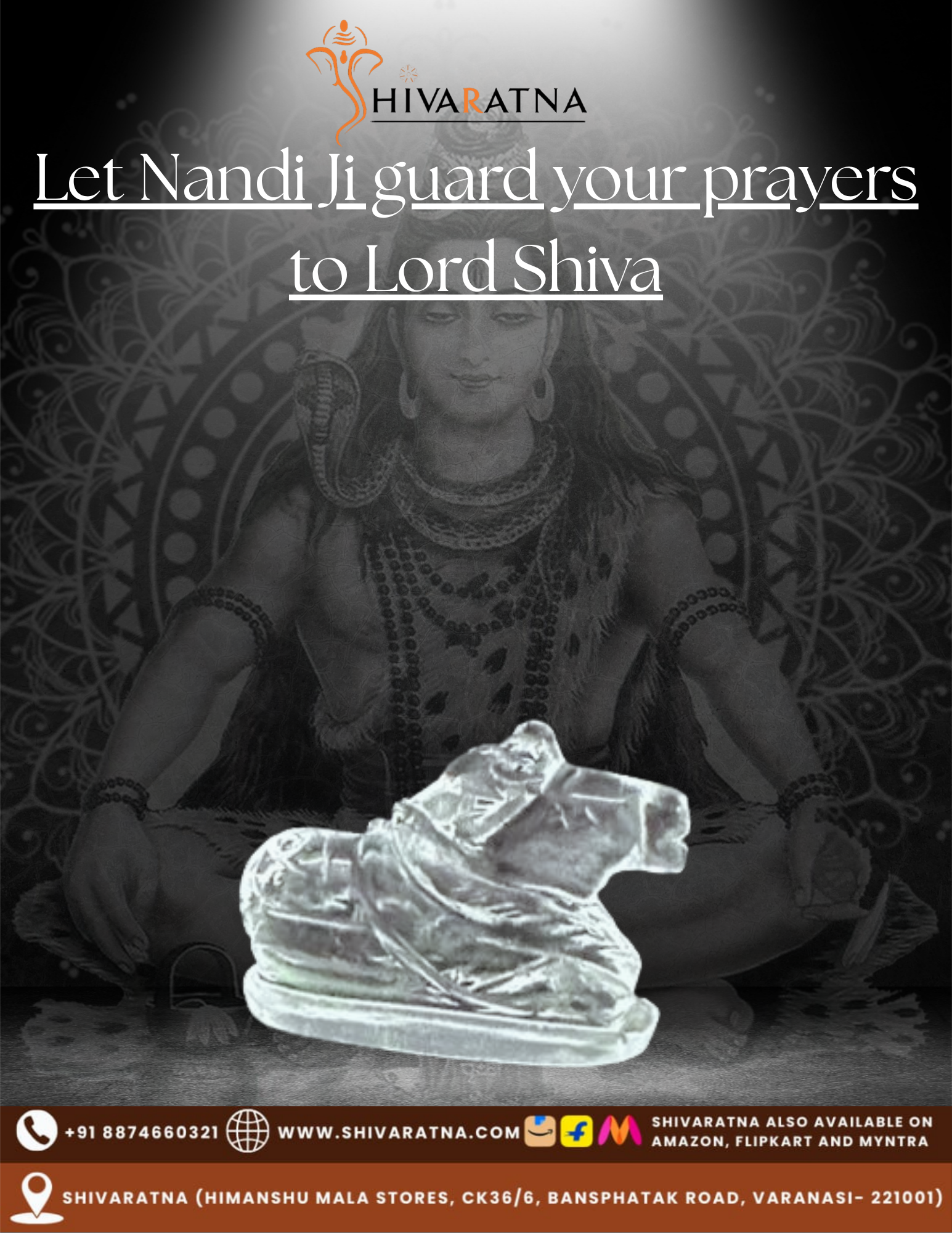 Statue of Nandi with text promoting Shivaratna, a brand associated with Lord Shiva.
