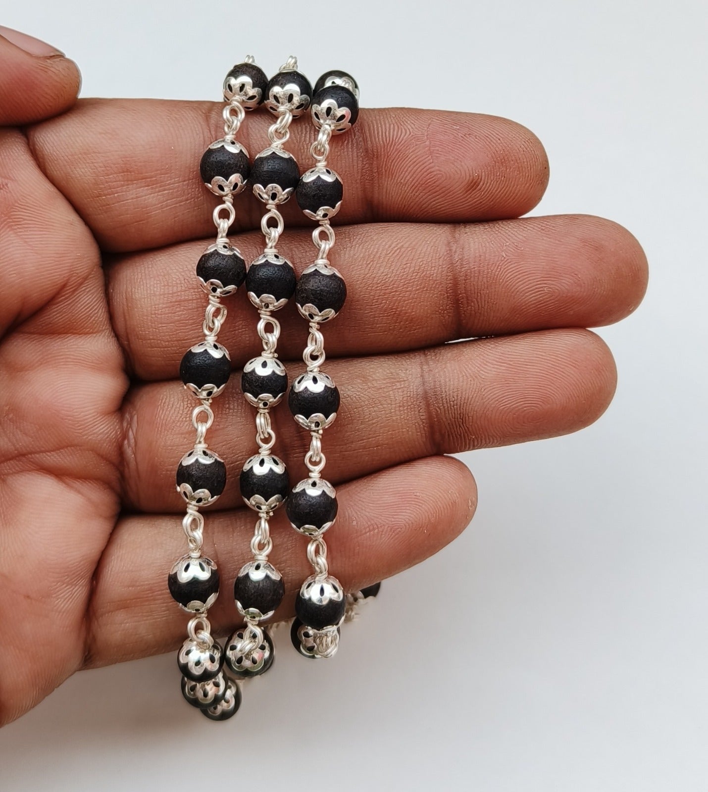 ShivaRatna Original 925 Silver Karungali Malai 8 mm 54+1 Beads, Silver Ebony Beads/Government Lab Certified
